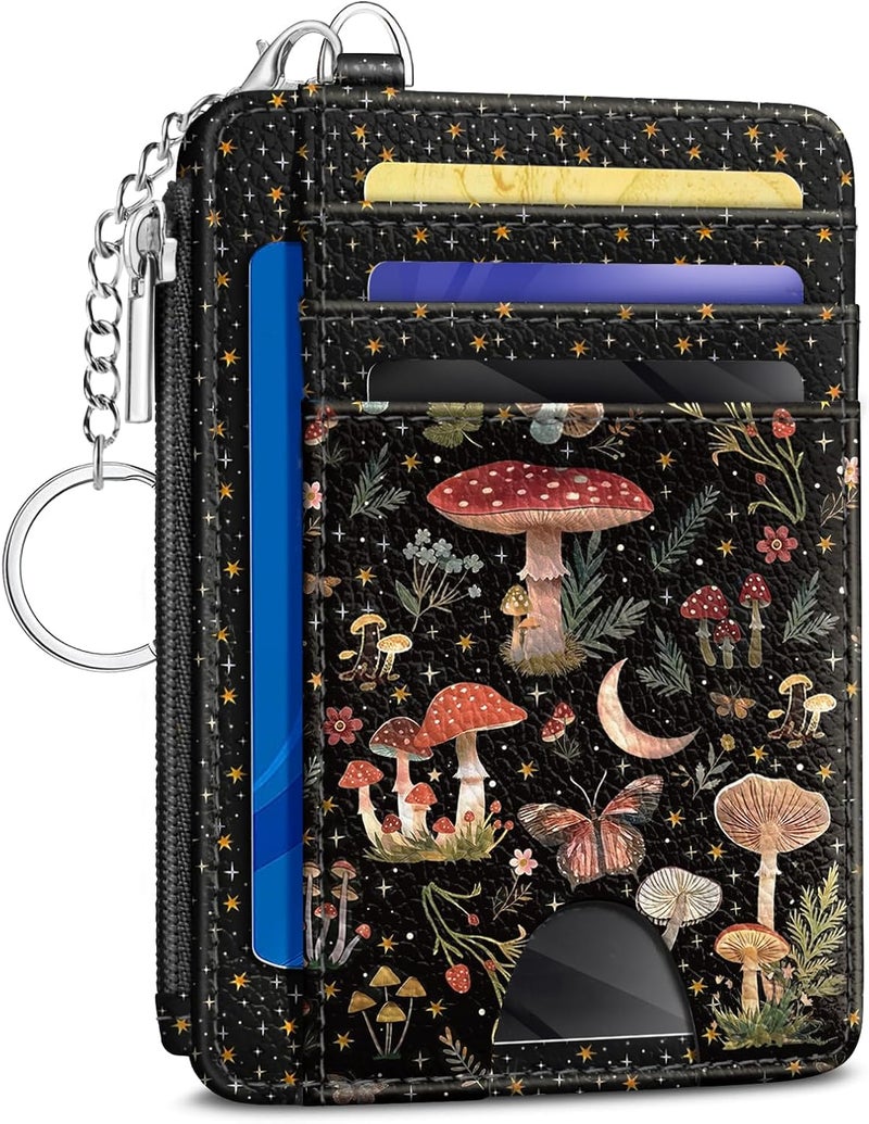 Kelvoris Mushrooms Credit Card Holder Small Wallet Women, Moon Slim RFID Blocking Wallet Woman Keychain with Zipper Coin Pocket, Front Pocket Thin Travel Card Case Organizer with ID Window Ladies Gift - Image 1
